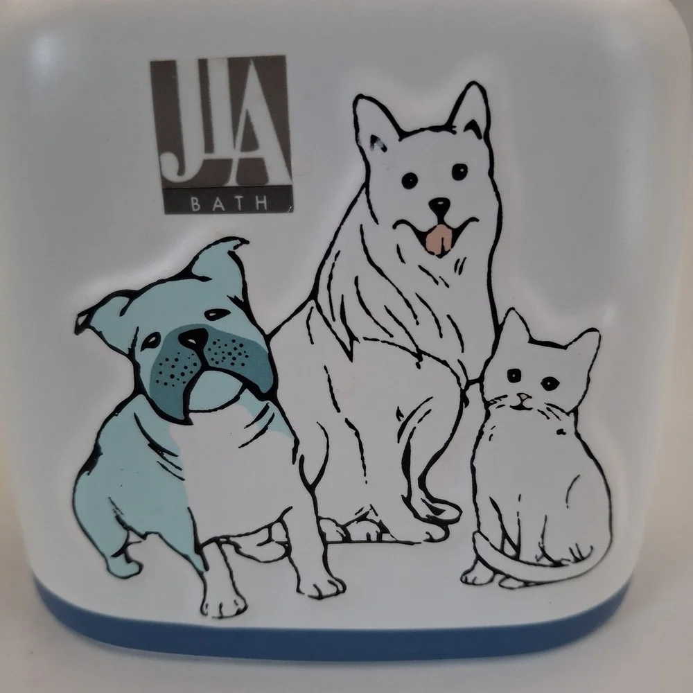 JLA‎ Bath Pet Friends Ceramic Toothbrush Holder White Blue Dogs Cat Bathroom Vtg
